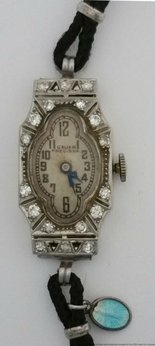 Very Art Deco 18k White Gold Diamond Gruen Precision Ladies Wrist Watch 2