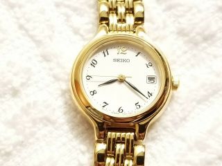 Vintage Seiko Gold Tone Quartz Watch Bracelet White Dial