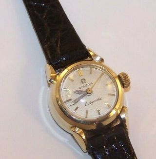 Vintage Omega Ladymatic 17 Jewel 455 14k Solid Gold Watch W/crocodile Strap