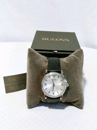 Bulova Silver Dial Stainless Steel Black Leather Band Quartz Mens Watch 96a28
