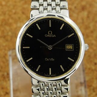 Authentic Omega Deville Round Date Black Dial Stainless Steel Quartz Mens Watch