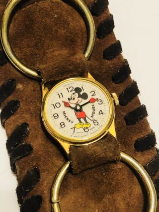 Vintage Mickey Mouse Bradley Watch Walt Disney Swiss Made Leather Cuff Band