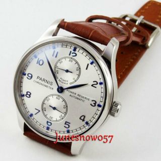 Classic Parnis 43mm Automatic Mens Watch Power Reserve Leather Strap Steel Case