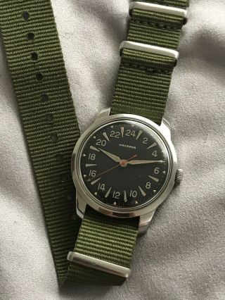 Vintage Wakmann 24 Hr Military Black Dial Stainless Steel Watch