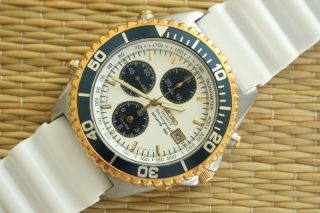 Seiko 7t32 - 7c20 Sports 150 Diver White Dial Two Tone Chronograph Watch & Box Set