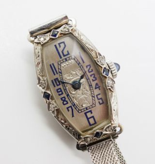 Vintage 1920s 18k White Gold Filigree Sapphire Diamond Ladies 16j Wristwatch
