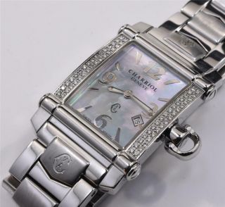 Charriol Columbus Diamond Bezel Square Stainless Steel Watch Mother Of Pearl