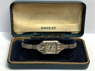 Vintage Art Deco 14k White Gold Diamond Sapphire Ladies Locust Wrist Watch