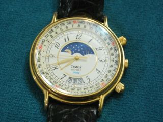 Rare TIMEX Gold Tone Moon Phase Men ' s Perpetual Calendar Watch w/Date 2