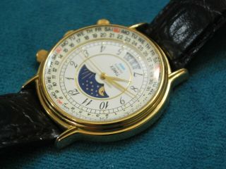 Rare TIMEX Gold Tone Moon Phase Men ' s Perpetual Calendar Watch w/Date 4