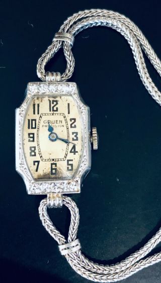 Gruen Ladies 14k White Gold Watch & 10 Diamonds Art Deco,  1920s Sparkly