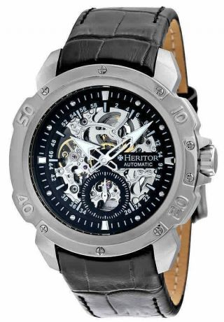 Heritor Hr2504 Carter Automatic Silver - Tone Ss Black Leather Band Men’s Watch