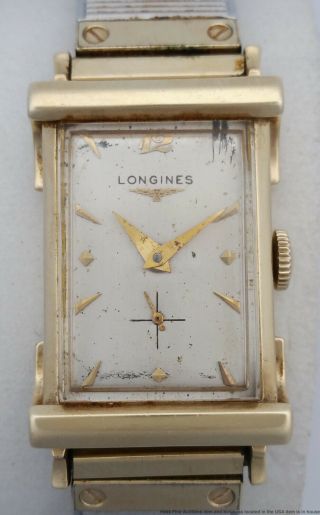 Heavy 14k Gold Longines Very Art Deco Bobsled Mens Huge Wrist Watch To Fix
