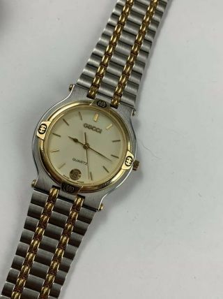 Authentic Gucci Mens Wrist Watch 9000m Stainless Steel & Gold 2 Tone Bracelet