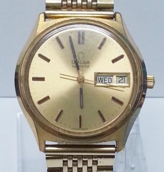Rare Vintage Omega 18k Gold Plated Day Date Quartz Watch (tp100)