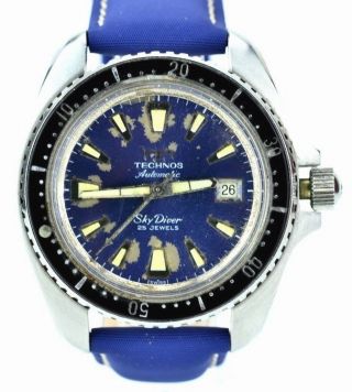C121 Mens Vintage Technos Sky Diver Watch Blue 25j Water Resistant Swiss 52.  1