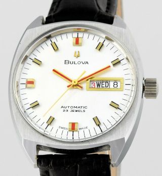 Vintage Minty Swiss Bulova Day Date Automatic 23 Jewels Mens Wrist Watch