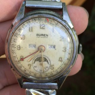 Buren Watch Co Triple Date Moonphase Stainless Vintage Watch Not