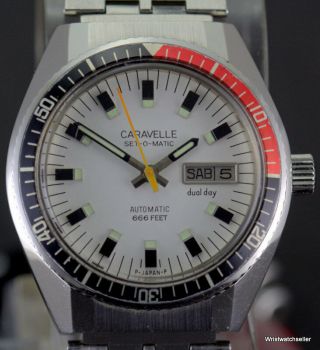 Vintage Caravelle By Bulova Set - O - Matic Automatic 666 Feet Divers Dual Day N7
