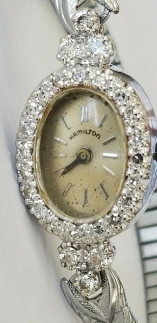 Vintage 26 Diamond 14k Solid White Gold Hamilton Ladies Watch.  (non)