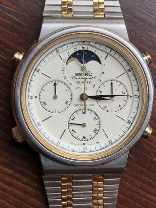 Seiko 7a48 - 5000 Stainless Moon Phase Chronograph Date Sports 100 Mens Watch
