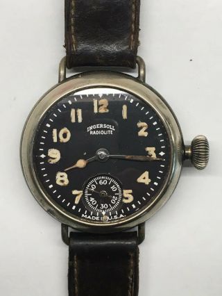 Vintage Ingersoll Wrist Radiolite Ww1 Officers Trench Watch 39mm Black Dial