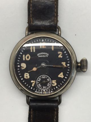 Vintage Ingersoll Wrist Radiolite WW1 Officers Trench Watch 39mm Black Dial 3
