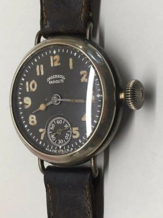 Vintage Ingersoll Wrist Radiolite WW1 Officers Trench Watch 39mm Black Dial 5