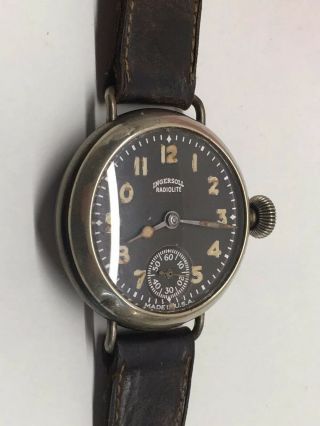 Vintage Ingersoll Wrist Radiolite WW1 Officers Trench Watch 39mm Black Dial 6