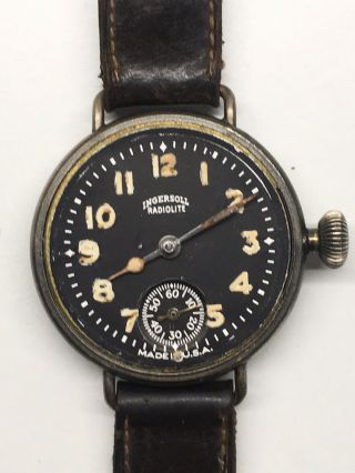 Vintage Ingersoll Wrist Radiolite WW1 Officers Trench Watch 39mm Black Dial 8
