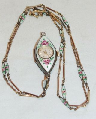 Bucherer Guilloche Enamel Silver Necklace Pendant Watch,  Matching Chain,  17 J 2