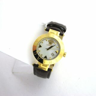 Versace Xlq70d498 Gold Tone Brown Leather Stainless Steel Swiss Quartz Watch