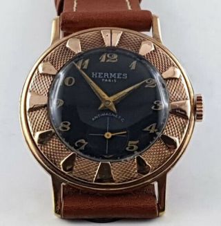 1950´s Hermes Paris Swiss Men Wristwatch Gold Plated Case,  Fancy Ring