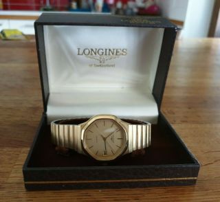 Gents Gold Plated Longines Flagship Date Quartz Bracelet Watch Boxed With Papers