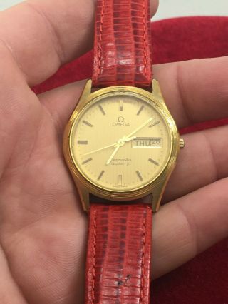 Vintage Omega Seamaster Quartz Date Day Men Watch 20 Microns Gold Plated (c)