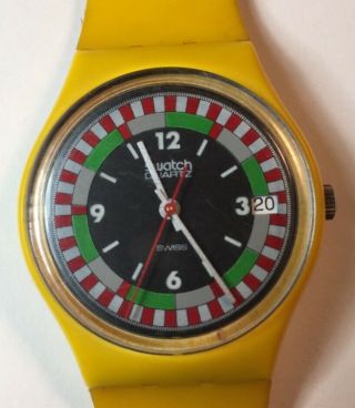 1984 Vintage Swatch Watch Gj400 Yellow Racer Exc With Guard