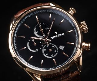 Authentic Vincero Watches Chrono Rose Gold Leather Band Men 