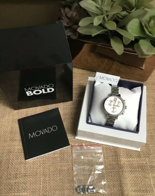 Movado Bold Chronograph Silver Dial 34mm Ladies Watch 3600238 $495 Vguc