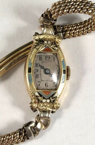 Vintage 1920s 1930s Art Deco 18k Yellow Gold Enamel Unknown Ladies Wrist Watch.