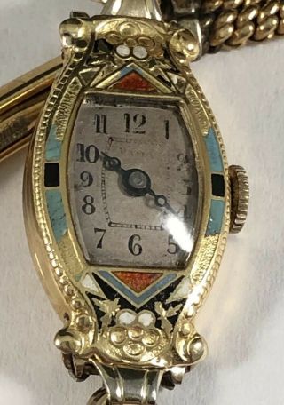 Vintage 1920s 1930s Art Deco 18K Yellow Gold Enamel Unknown Ladies Wrist Watch. 3