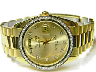Mens Oleg Cassini 67 Real Diamonds President Day Date Gold Plated Dress Watch
