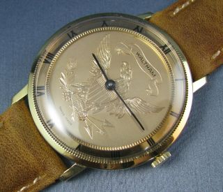 Vintage Waltham American Eagle Coin Dial Gold Plated Mens Watch 17j 1960s