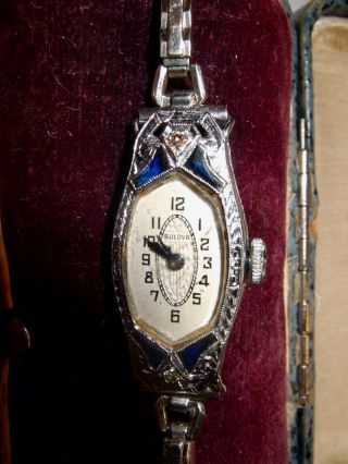 Bulova Ladys 14k Sapphire Diamond Deco Wrist Watch 1924 Blue Hands