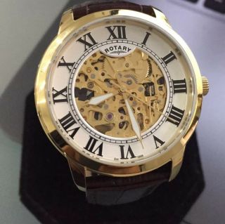 Men ' s Rotary Automatic Skeleton Gold Brown Leather Roman White Watch 2