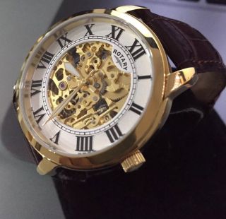 Men ' s Rotary Automatic Skeleton Gold Brown Leather Roman White Watch 3