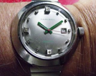 Green Berets Carlson - Vintage Automatic Date - Oversize All S.  Steel - Swiss Made