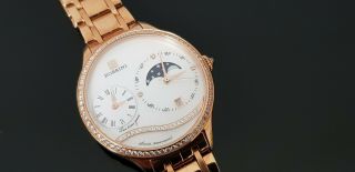 Rossini Dual Time Zones Rose Gold Ladies Moon Phase Watch With Sapphire Crystal.