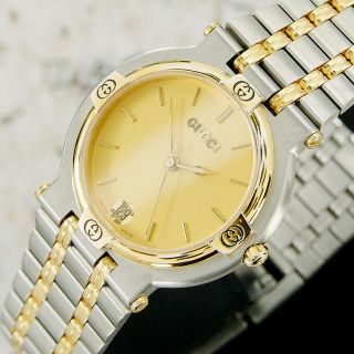 Authentic Gucci 9000m Date Gold Dial Gold Plated Combi Quartz Mens Wrist Watch