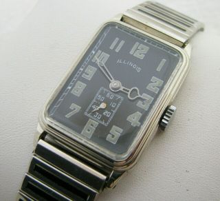 Vintage Mens Art Deco Illinois 14k White Gold Filled Black Dial Wristwatch Watch