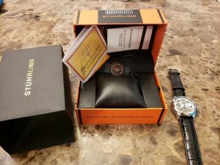 Stuhrling 371 01 Automatic Skeleton Dual Time Leather Mens Watch